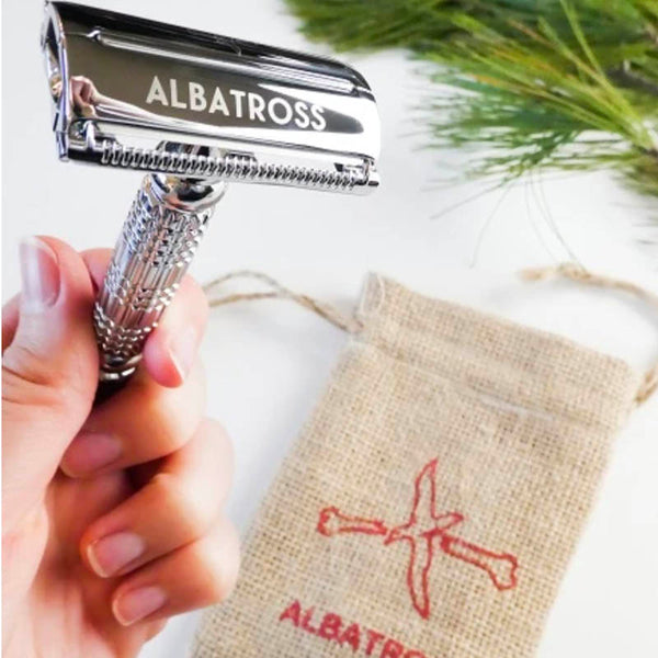 stainless steel zero-waste butterfly safety razor for smooth plastic-free shaving that comes with 10 replacement razor blades