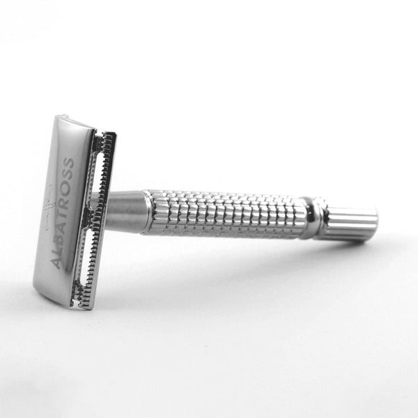 side view of 3-piece zero waste safety razor that comes with 10 replacement razor blades for smooth plastic-free shaving