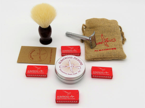 zero-waste shaving kit with 3-piece safety razor, vegan shaving brush, reusable stainless steel razor blades, hemp bag, eucalyptus shaving soap and blade take back program envelope to recycle blades