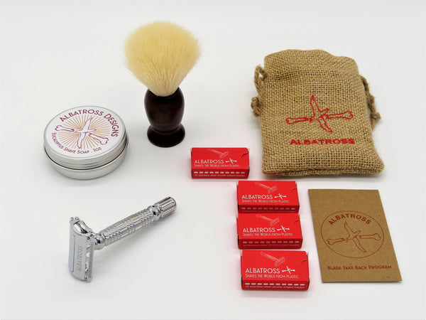 zero-waste shaving kit with butterfly safety razor, vegan shaving brush, reusable stainless steel razor blades, hemp bag, eucalyptus shaving soap and blade take back program envelope to recycle blades