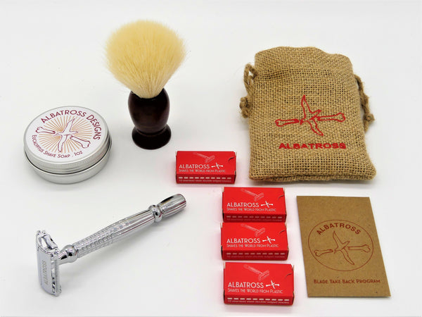 zero-waste shaving kit with long handle butterfly safety razor, vegan shaving brush, reusable stainless steel razor blades, hemp bag, eucalyptus shaving soap and blade take back program envelope to recycle blades